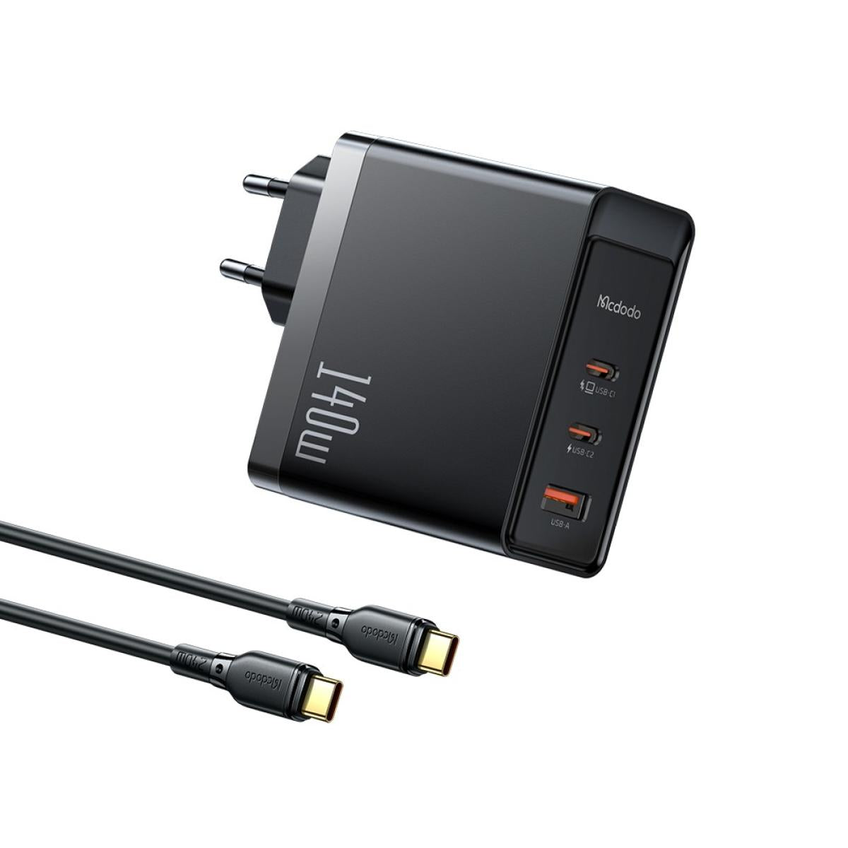 Mcdodo Ch 2913 140w Gan5 Pro Fast Charger With Two Usb C Ports And One Usb A Port + 1.2 M 240w Usb C To Usb C Cable, Compatible With Macbooks, Iphones, Samsung Galaxy, Huawei, Xiaomi, Dell, Lenovo, And More – Black Mcdodo Ch 2913 140w Gan5 Pro Fast Charger With Two Usb C Ports And One Usb A Port + 1.2 M 240w Usb C To Usb C Cable, Compatible With Macbooks, Iphones, Samsung Galaxy, Huawei, Xiaomi, Dell, Lenovo, And More – Black