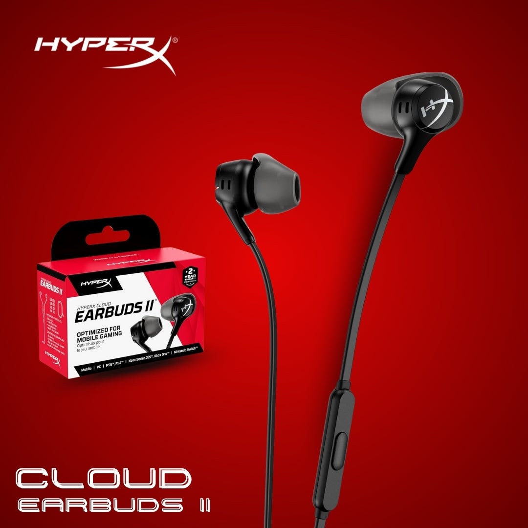 HyperX Cloud Earbuds II – 14mm Drivers, Four Eartips, Hard-Shell Carrying Case, Low-Profile 90° Plug, 3.5mm Plug, Built-in Microphone, Multi-Function Button, PC, Mobile, Nintendo Switch – Black - CompuMe