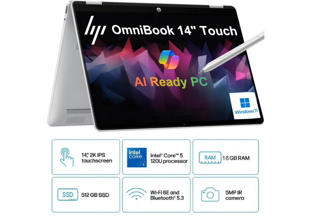 HP OmniBook 5 Flip 14 inch Laptop PC 14-fp0045ne, Intel® Core™ 5 120U 5.0 GHz, 16 GB LPDDR5-5200, 512 GB PCIe®, 14-inch diagonal, 2K (1920 x 1200) IPS Touch w/ HP Rechargeable MPP 2.0 Tilt Pen - Windows 11 Home - 3 Year Warranty