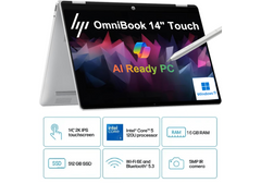 HP OmniBook 5 Flip 14 inch Laptop PC 14-fp0045ne, Intel® Core™ 5 120U 5.0 GHz, 16 GB LPDDR5-5200, 512 GB PCIe®, 14-inch diagonal, 2K (1920 x 1200) IPS Touch w/ HP Rechargeable MPP 2.0 Tilt Pen - Windows 11 Home - 3 Year Warranty