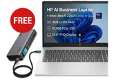 HP AI Business Laptop 15-fd2104TU Free Power Bundle, Intel Ultra 5 225U 4.8GHz 12 Cores, 8GB DDR5, 512GB PCIe SSD, 15.6" FHD, WiFi 6, BT 5.4, Natural Silver w/ Promate 130W Laptop & Mobile Power Bank 20000mAh Titan-130