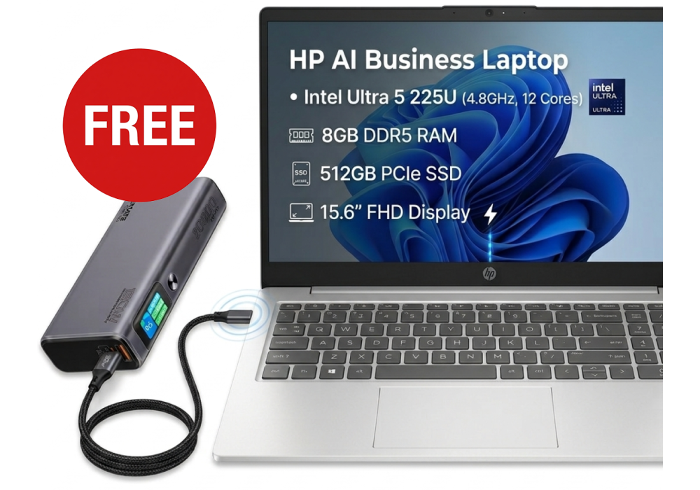 HP AI Business Laptop 15-fd2104TU Free Power Bundle, Intel Ultra 5 225U 4.8GHz 12 Cores, 8GB DDR5, 512GB PCIe SSD, 15.6" FHD, WiFi 6, BT 5.4, Natural Silver w/ Promate 130W Laptop & Mobile Power Bank 20000mAh Titan-130