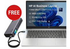 HP AI Business Laptop 15-fd2104TU Free Power Bundle, Intel Ultra 5 225U 4.8GHz 12 Cores, 8GB DDR5, 512GB PCIe SSD, 15.6" FHD, WiFi 6, BT 5.4, Natural Silver w/ Promate 130W Laptop & Mobile Power Bank 20000mAh Titan-130