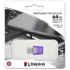 Kingston DataTraveler microDuo 3C 64GB USB-C & USB-A Flash Drive | Speeds up to 200 MB/s | USB 3.2 Gen 1 | Duo Connector | DTDUO3CG3/64GB