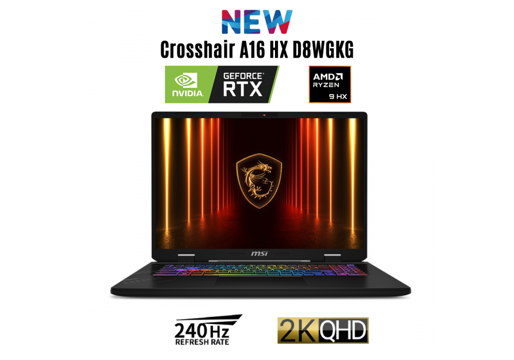 New Laptop MSI Crosshair A16 HX D8WGKG AMD Ryzen™ 9 8940HX 16 Core NVIDIA RTX 5070 8GB GDDR7, 16 GB DDR5, 1TB SSD, 16" QHD+ (2560 x 1600) 240Hz IPS - Cosmos Gray New Laptop MSI Crosshair A16 HX D8WGKG AMD Ryzen™ 9 8940HX 16 Core NVIDIA RTX 5070 8GB GDDR7, 16 GB DDR5, 1TB SSD, 16" QHD+ (2560 x 1600) 240Hz IPS - Cosmos Gray