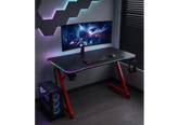 Marvo DE-11 Carbon Fiber RGB Gaming Desk, 120cm Surface, Steel Frame, Integrated Headset & Cup Holder, Home Office Computer Table, Black & Red