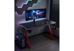 Marvo DE-11 Carbon Fiber RGB Gaming Desk, 120cm Surface, Steel Frame, Integrated Headset & Cup Holder, Home Office Computer Table, Black & Red