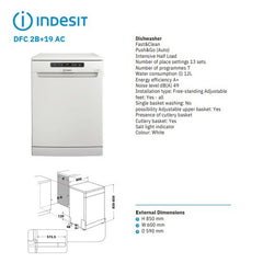 Indesit DFC2B+19AC Dishwasher 13 sets and 6 programs