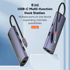 LDNIO DS-16U Type-c Docking Station 6 in 1 To USB PD Power USB3.1 Multi-port USB C Hub RJ45 Mac Book Pc USB Hub - Gray