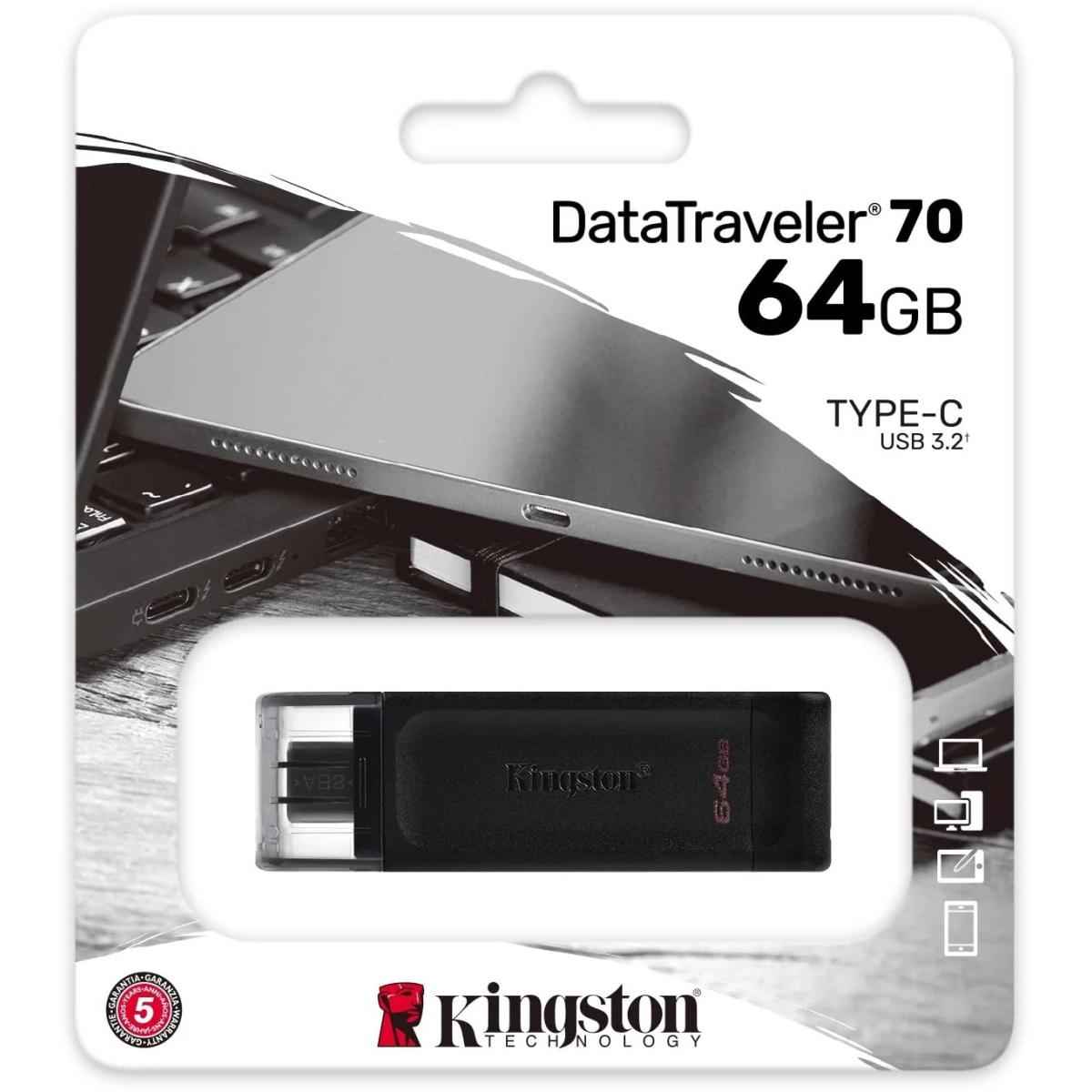 Kingston Datatraveler 70 64gb Portable & Lightweight Usb C Flash Memory , Black