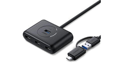 UGREEN,(40850) USB HUB SPLITTER 4 PORTS USB 3.0 WITH USB-A AND USB-C CABLE 1M.