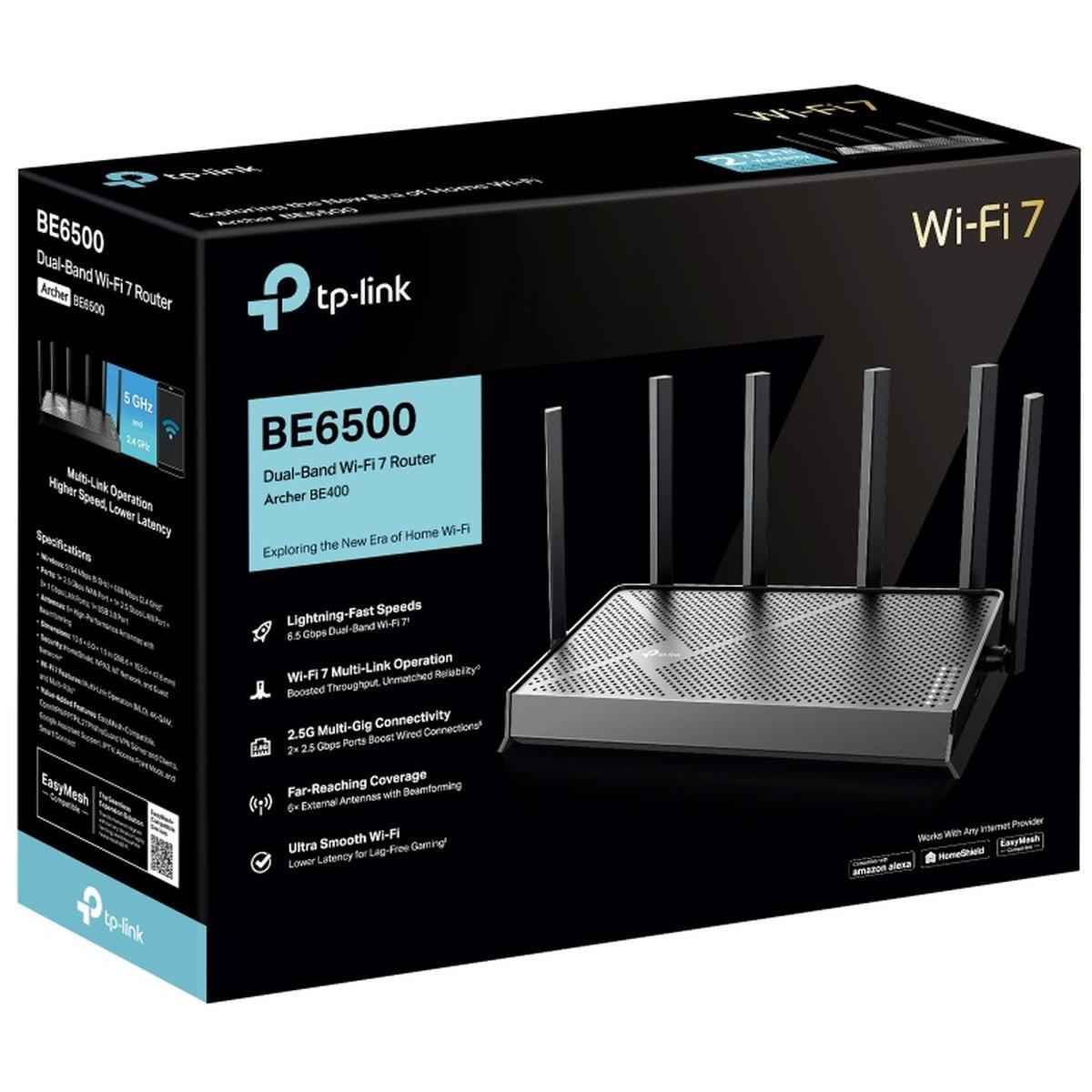 Tp Link Archer Be400 Wifi 7 Be6500 Dual Band Router Dual 2.5 Gbps Ports Usb 3.0 | Covers Up To 2,400 Sq. Ft And 90 Devices | Quad Core Cpu| Homeshield, Private Iot For Network Security