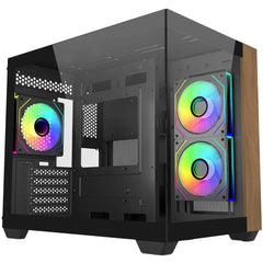 Cooler Master Elite 481 Wood (Black) Micro ATX ARGB Mid Tower Tempered Glass + Wood Panoramic Dual Chamber Fish Tank Gaming Case w/ 3 x120mm ARGB Fan (Side Reverse) & Type-C | E481-KHNN-S00 |