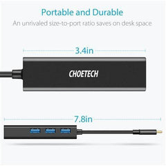 Choetech Gold-Plated Connectors Type C To 1*Rj45 3*Usb 3.0 Hub Black - HUB-U02