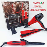 Enzo Set Hair Dryer & Straightener, Curler, Red - EN-6306