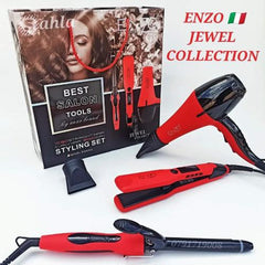 Enzo Set Hair Dryer & Straightener, Curler, Red - EN-6306