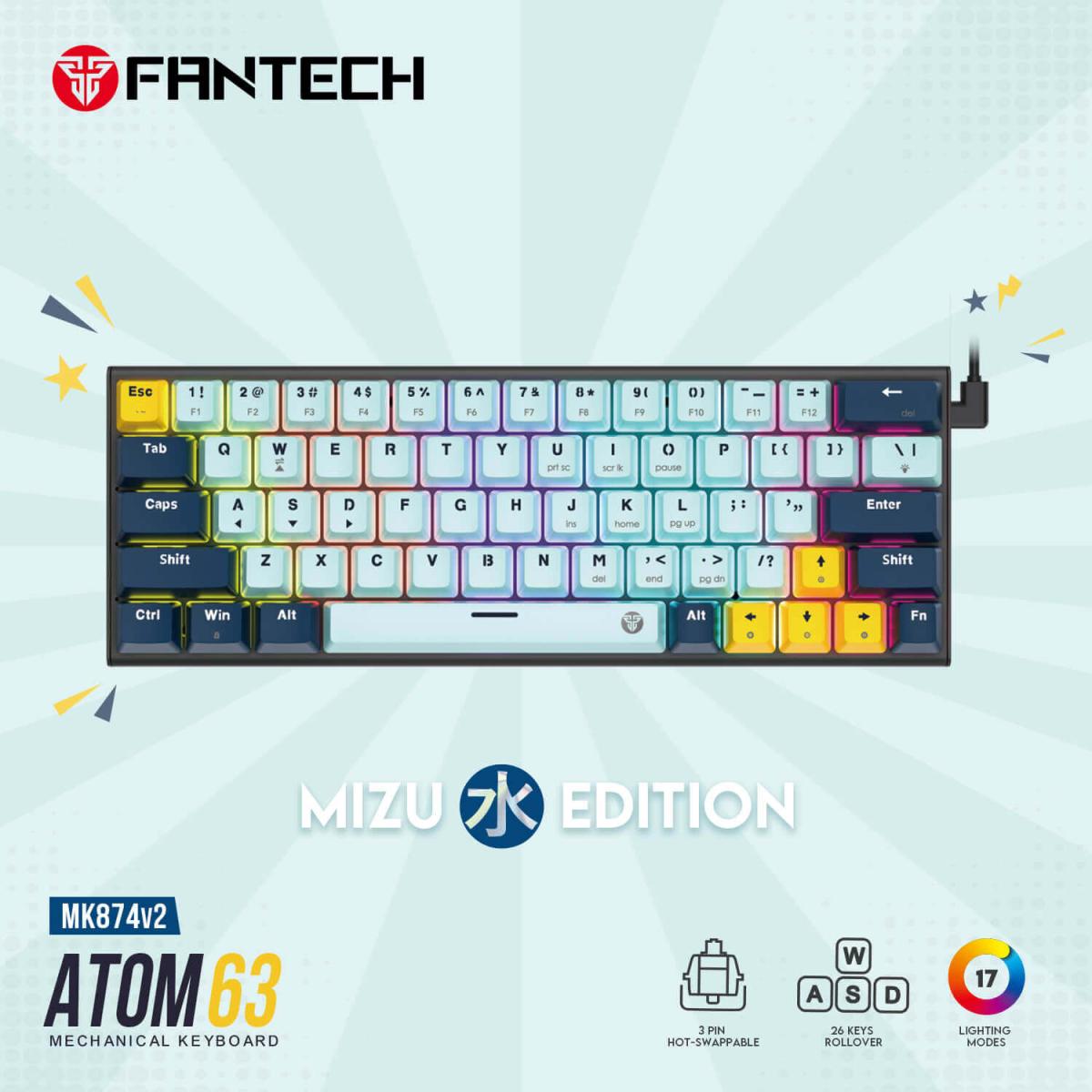 Fantech Mk874 V2 Atom63 (60% Size) RGB Wired 3 Colors Combination Mechanical Gaming Keyboard Mizu Edition, 3 Pin Hot-Swappable Switches, 26 Anti-Ghosting Keys - Sky Blue/Blue Switch | MK874V2 | - CompuMe Fantech Mk874 V2 Atom63 (60% Size) RGB Wired 3 Colors Combination Mechanical Gaming Keyboard Mizu Edition, 3 Pin Hot-Swappable Switches, 26 Anti-Ghosting Keys - Sky Blue/Blue Switch | MK874V2 | - CompuMe