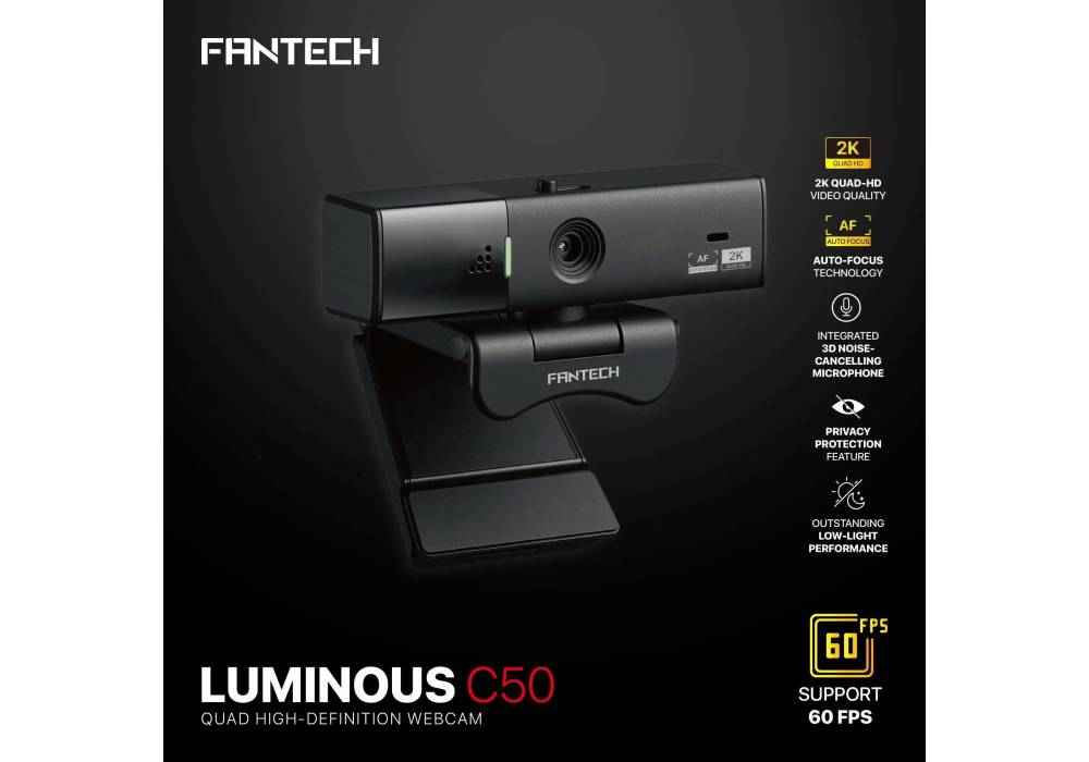 FANTECH C50 LUMINOUS 2K QHD 60FPS Webcam with 5MP Auto Focus, Pan/Tilt Controls, Privacy Shutter, and 3D Noise-Cancelling Mic