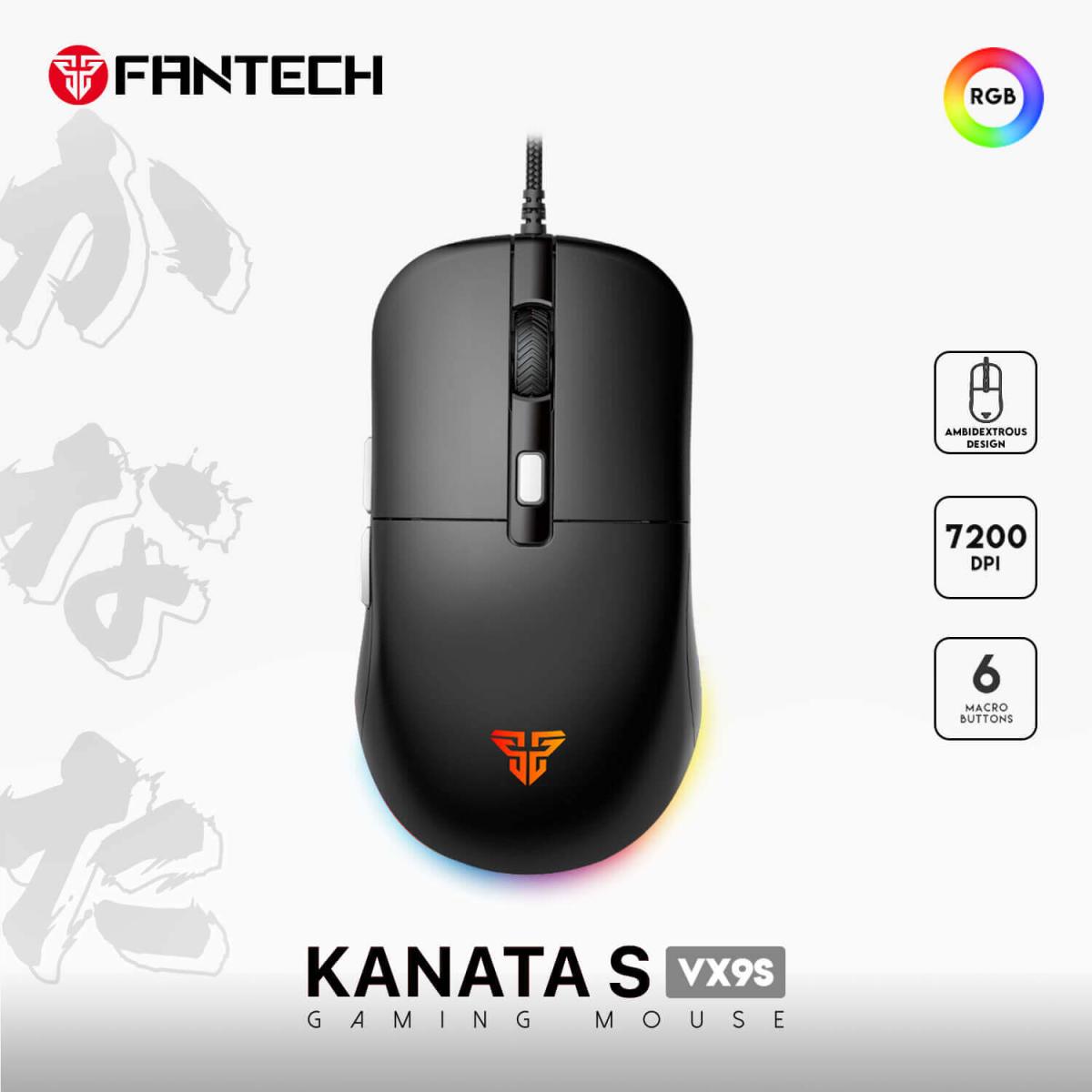 FANTECH KANATA S VX9S RGB Optical Wired Gaming Mouse, 7200 DPI, 82g Weight, Ambidextrous Design, Braided Cord, Software Support For Kanata S | KANATA VX9S | FANTECH KANATA S VX9S RGB Optical Wired Gaming Mouse, 7200 DPI, 82g Weight, Ambidextrous Design, Braided Cord, Software Support For Kanata S | KANATA VX9S |