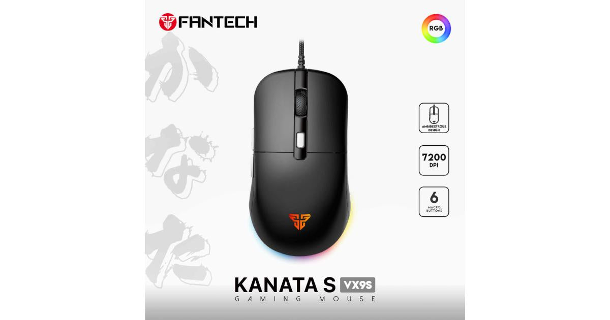 FANTECH KANATA S VX9S RGB Optical Wired Gaming Mouse, 7200 DPI, 82g Weight, Ambidextrous Design, Braided Cord, Software Support For Kanata S