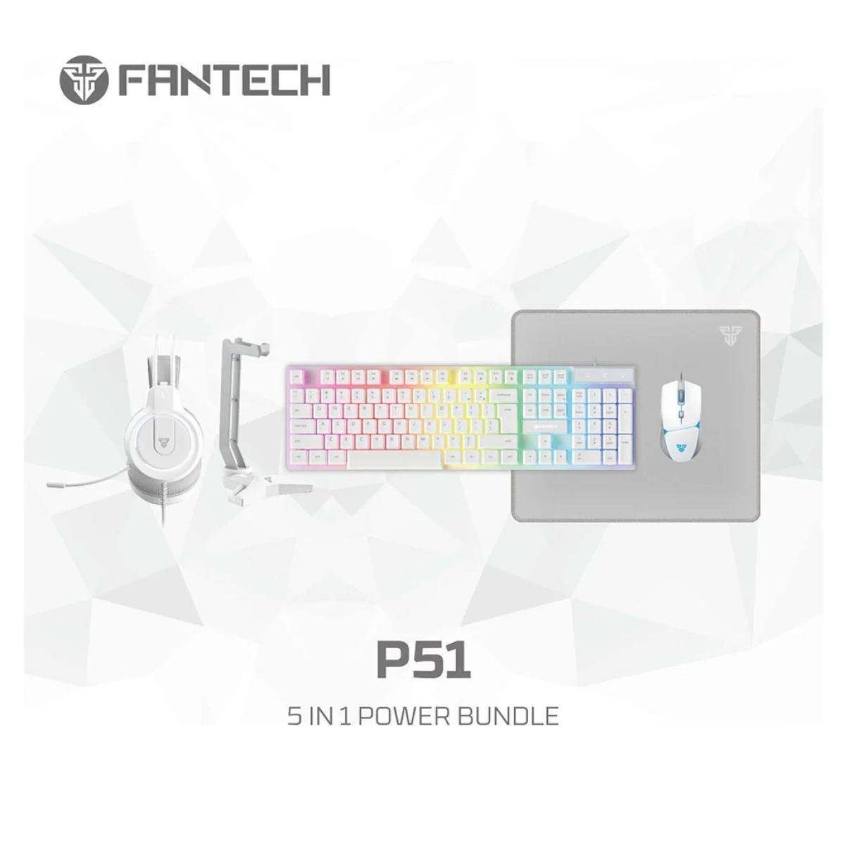 FANTECH P51 Power Bundle 5 IN 1 Gaming Set Combo Black Wired (Keyboard + Mouse + Headset + Mouse Pad+ Headset Stand) - White | P51 5in1 Bundle White | - CompuMe