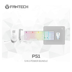 FANTECH P51 Power Bundle 5 IN 1 Gaming Set Combo Black Wired (Keyboard + Mouse + Headset + Mouse Pad+ Headset Stand) - White | P51 5in1 Bundle White | - CompuMe