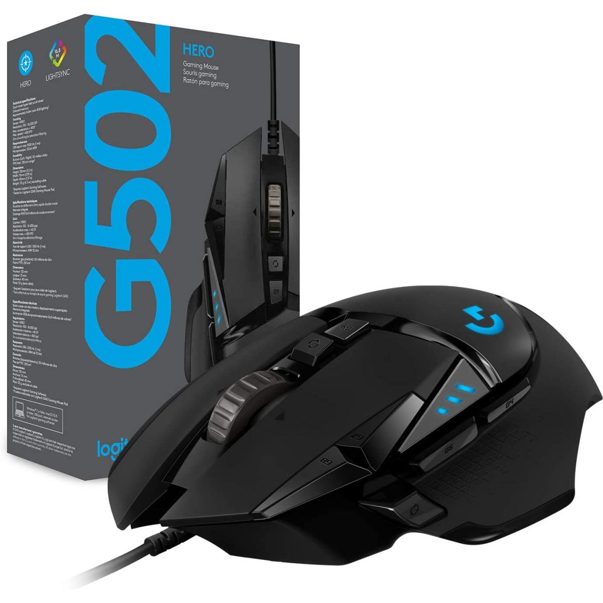 Logitech G502 HERO, Fully Programmable 11 Buttons with Hero 25K Sensor RGB High Performance Gaming Mouse (Comes with Leather Cord)