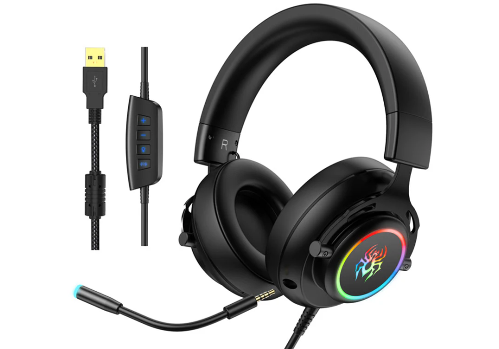 Abingo G60 Gaming Headset – Virtual 7.1 Surround Sound, 50mm Drivers, RGB LED Lighting, Detachable Mic, USB Gold-Plated Connector – Black
