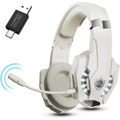 PHOINIKAS Wireless Gaming Headset with mic for PS4 PS5 PC Switch, 2.4G Wireless Over Ear USB Gaming Headphones with 7.1 Stereo Sound, Low Latency, 15H Battery Life - White