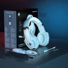 PHOINIKAS Wireless Gaming Headset with mic for PS4 PS5 PC Switch, 2.4G Wireless Over Ear USB Gaming Headphones with 7.1 Stereo Sound, Low Latency, 15H Battery Life - White