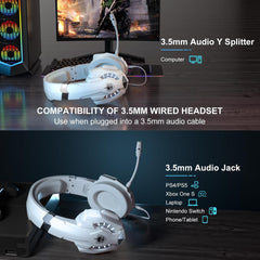 PHOINIKAS Wireless Gaming Headset with mic for PS4 PS5 PC Switch, 2.4G Wireless Over Ear USB Gaming Headphones with 7.1 Stereo Sound, Low Latency, 15H Battery Life - White