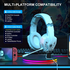 PHOINIKAS Wireless Gaming Headset with mic for PS4 PS5 PC Switch, 2.4G Wireless Over Ear USB Gaming Headphones with 7.1 Stereo Sound, Low Latency, 15H Battery Life - White