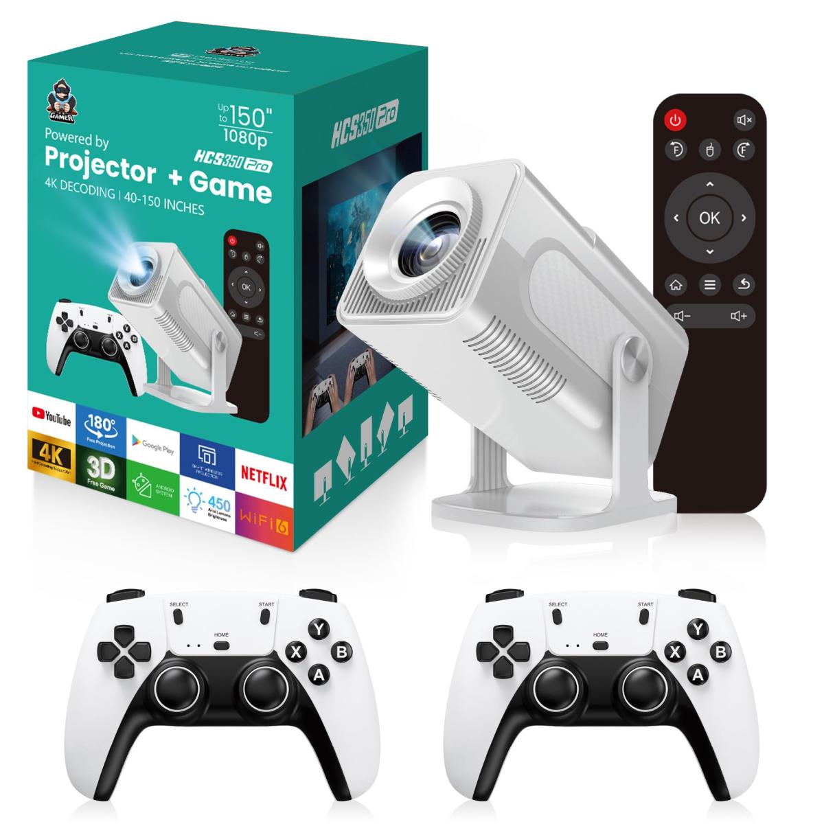 HCS350 Pro 4K Projector 1280*1080P Built-in 30000 Games with 2 Wireless Controllers