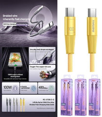 Remax Zinc Alloy Birded Fast Charging, Data Cable Type - C To Type - C, 100Watts, 1.2Mm - RC-C106