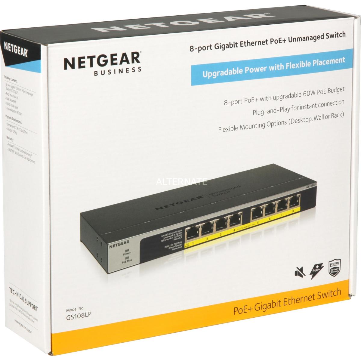 Netgear (gs108lp) 8 Port Gigabit Ethernet Unmanaged Poe/poe+ Switch 60w Upgradeable, Desktop, Wall Mount Or Rackmount - CompuMe Netgear (gs108lp) 8 Port Gigabit Ethernet Unmanaged Poe/poe+ Switch 60w Upgradeable, Desktop, Wall Mount Or Rackmount - CompuMe
