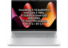 HP OmniBook 3 Laptop 16‑bu0039ne – Intel Core 3 100U, 6 Cores, 512GB PCIe Gen4 SSD, 8GB DDR5, 16" FHD+ IPS Display, Wi‑Fi 6 + BT 5.4, Glacier Silver