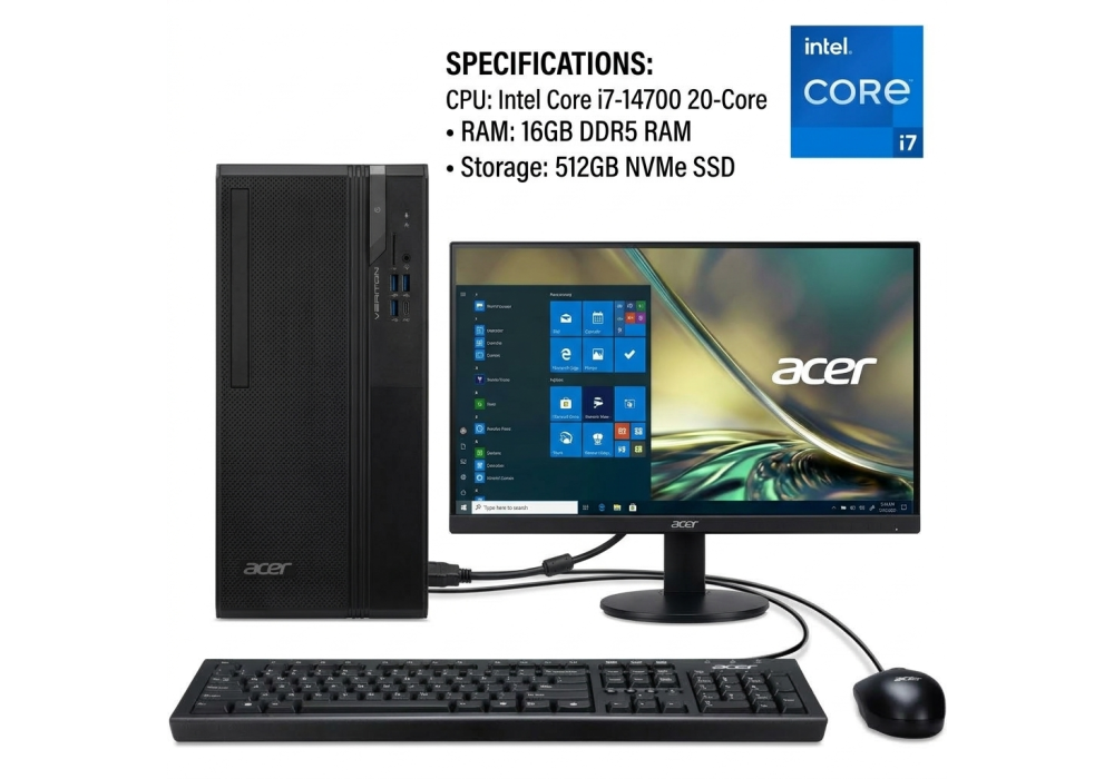 Acer Veriton VS2722G Mid Tower Mini PC, Intel Core i7-14700, 16GB DDR5, 512GB PCIe 4.0 SSD, Wi-Fi 6E, Bluetooth 5.3 - 3 Year Warranty W/ Acer EK241Y P6 LCD Monitor, 23.8" FHD IPS, 100Hz
