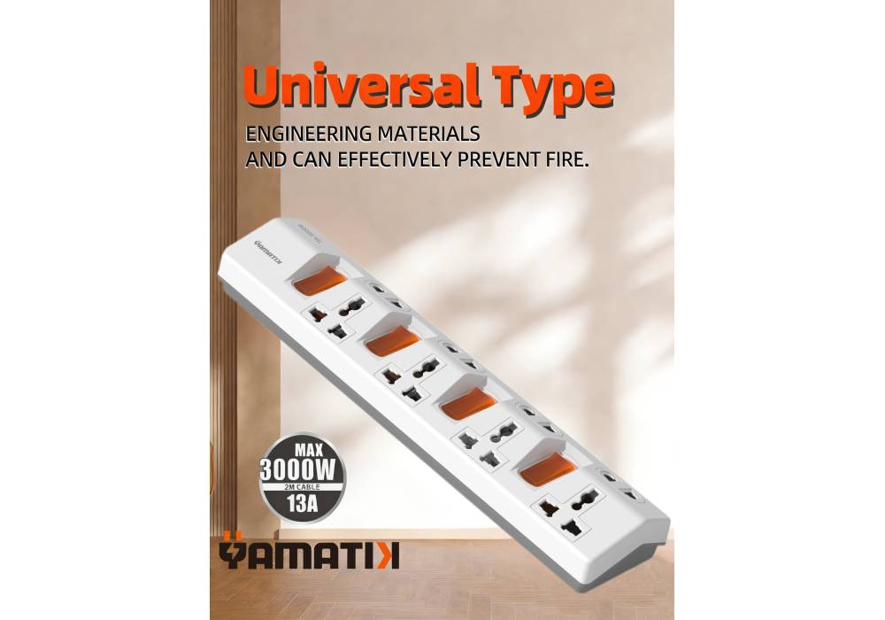 Yamatik PRIMA‑214 Power Strip Tabletop Socket – 4× AC Outlets, 220–250V, 13A, 3000W Rated, Standard Grounding, EU Plug