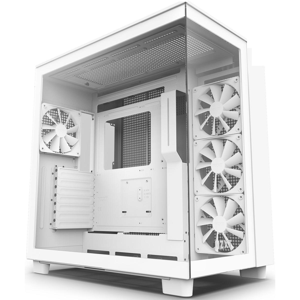 NZXT H9 Flow Perforated Dual - Chamber Mid - Tower Tempered Glass Gaming Case with 4xF120Q Fans & USB Type - C Port - White