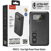 Havit Pb5212 Power Bank 20000mah 100w Fast Charging , Multiple Usb C Outputs, Usb A , Smart Digital Display, Secure & Stable Charging For Laptops & Handheld , Smartphones, Tablets & Travel Black