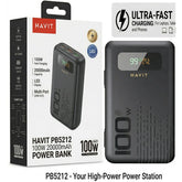 HAVIT PB5212 Power Bank 20000mAh 100W Fast Charging , Multiple USB C Outputs, USB A , Smart Digital Display, Secure & Stable Charging for Laptops & Handheld , Smartphones, Tablets & Travel - Black