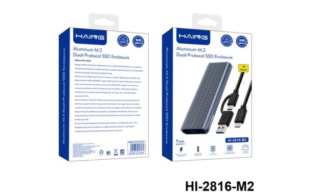 Haing Hi 2816 M2 Aluminum M.2 Dyal Protocol SSD Enclosure, solid state drive