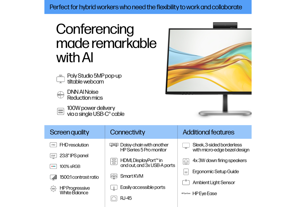 HP Series 5 Pro 524pm - 23.8″ FHD IPS Conferencing Monitor, USB‑C 100W PD, 5MP Webcam, RJ‑45 Ethernet, AI Noise Reduction - 3 Year Warranty