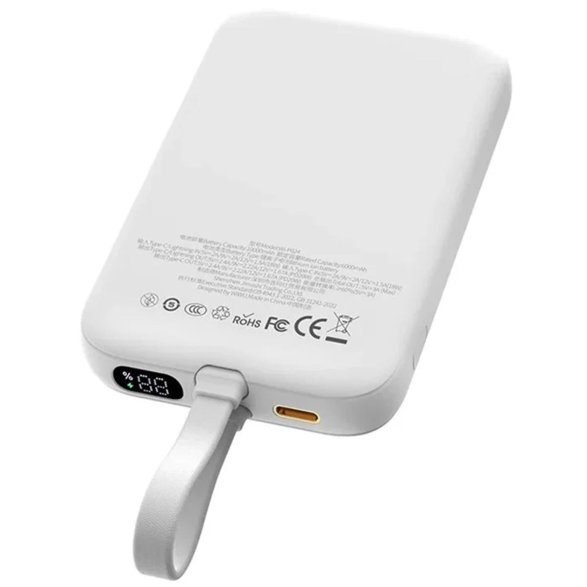 WIWU Wi-P024 10000mAh Magnetic Wireless Charging Power Bank PD 20W Fast Charging Battery Pack with Built-in Cable - White | Wi-P024 | - CompuMe