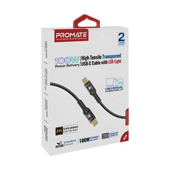 Promate Ultra Fast Charger Cable, Type-C to Type-C, 2Mm, 100Watts, Black - LUCIDLINE-CC200