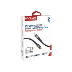 Promate Fast Charger Cable Transparent Shells, Type-C to Lightning, 1.2MM, 27Watts, Black - TRANSLINE-CI