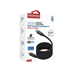 Promate Magnetic Fast Charger Cable, Type-C to Type-C, 1.2Mm, 60Watts, Black - SPRINGY BLK