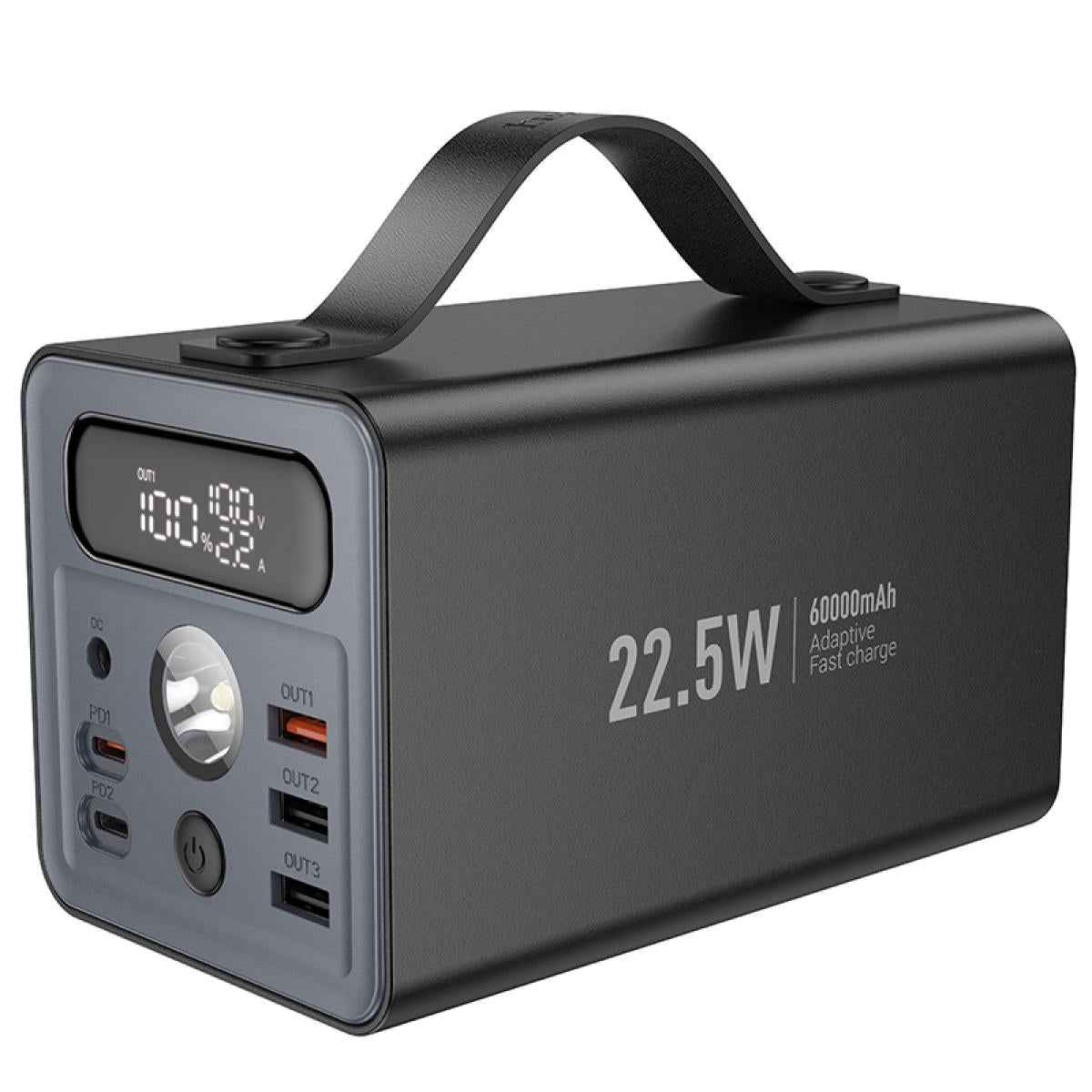 Hoco J138 Power Bank With Ultra Large 60,000mah Capacity 22.5w Pd20w Dc12v Multi Funion, Dual Type C Input And Type C And Triple Usb A Output, Led Digital Display Of Power Level, With Led Lamp And Handle Black