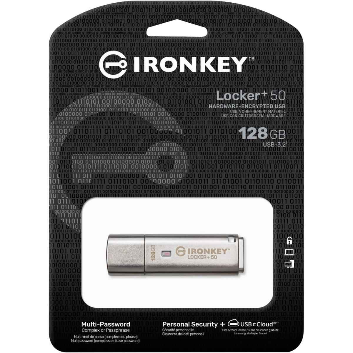 Kingston Ironkey Locker+ 50 128gb Encrypted Flash Drive Usb 3.2 Xts Aes Proteion Multi Password Security Options Automatic Cloud Backup Metal Casing