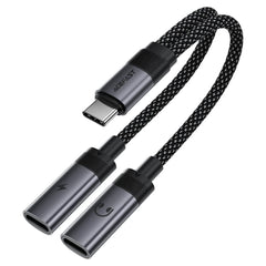 Acefast J14 - USB-C To 2x USB-C, 60W Fast Charging, Hi-Fi Audio, Aluminum Alloy, Plug & Play - Black